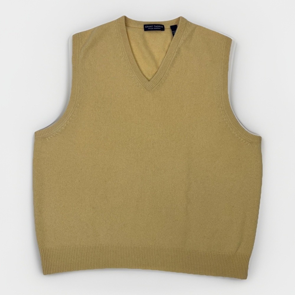 Grant Thomas 2-Ply Cashmere Sweater Vest Butter Yellow V-Neck XL *Kitten Soft!